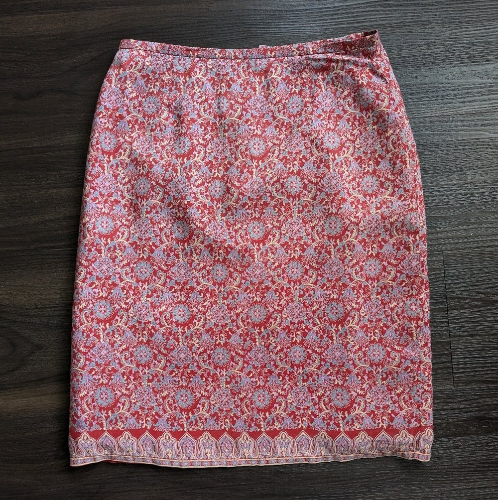 Vintage Y2K Old Navy 100% Silk Paisley Midi Skirt Size 6 Preppy Boho Romantic